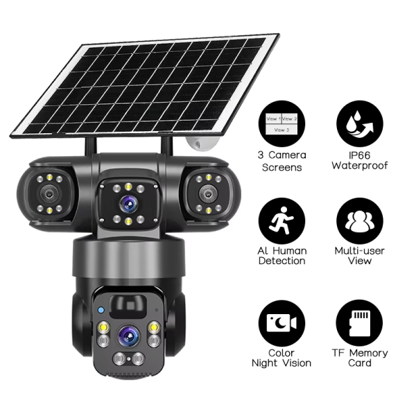 12MP 4k Solar 4G WiFi Secruity Camera 10x Zoom True Triple Lens Triple View PTZ Full Color Outdoor PIR Human Detection IP Camera