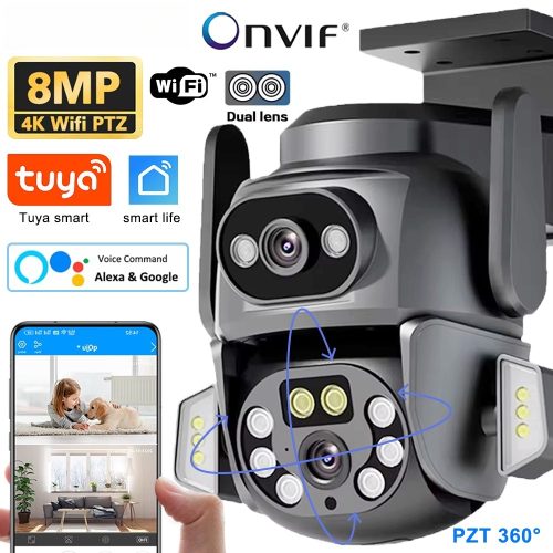 4K 8MP WIFI Camera PTZ Dual Screen 8MM Binocular AI Body Automatic Tracking CCTV Alexa Security Intelligent IP66 Monitoring TUYA