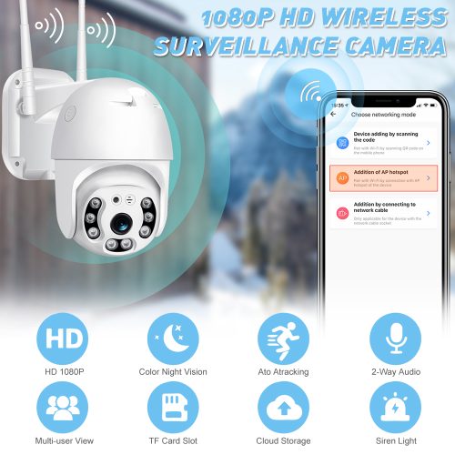 Plus Wireless Camera WiFi 1080P HD PTZ IP Camera Home Surveillance Security with Siren Light 8Led Color Night Vision Monitor