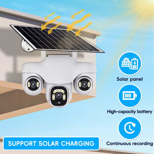 V380 Wifi Solar Camera Triple Lens 360°PTZ CCTV 15MP Wireless Surveillance Security Protection Cam Human Detection Waterproof