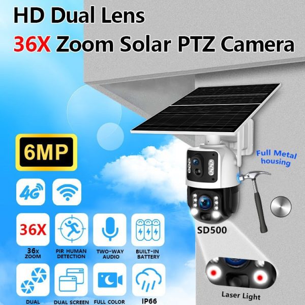 主图_01 Ubox SD500 Dual Lens Solar PTZ Security Camera – 36X Optical Zoom 6MP Outdoor Surveillanc