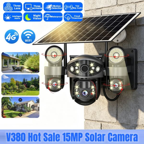 3 Lens 4G WiFi Solar Camera Outdoor 3 Screens 15MP 360° Auto Tracking IP Wireless CCTV Solaire Surveillance Cameras V380 Pro