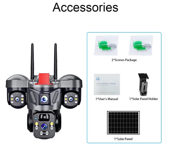 描述图_09 Outdoor PTZ 6MP 4G SIM WIFI Solar Panel Triple Lens Camera Home Security CCTV Video Surveillance Built-in Battery V380pro