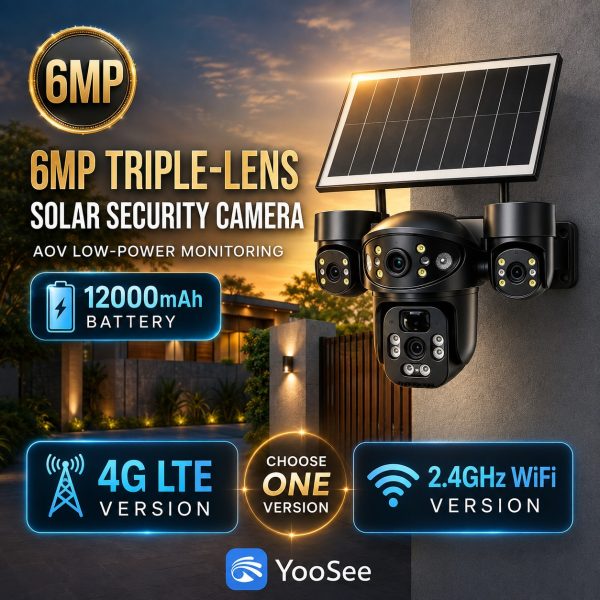 6MP Triple-Lens Solar Security Camera – Dedicated 4G LTE & 2.4GHz WiFi Version | AI Human Tracking, 30M Night Vision, IP65 Outdoor CCTV