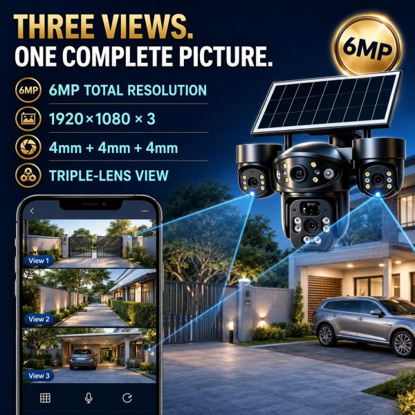 6MP Triple-Lens Solar Security Camera – Dedicated 4G LTE & 2.4GHz WiFi Version | AI Human Tracking, 30M Night Vision, IP65 Outdoor CCTV