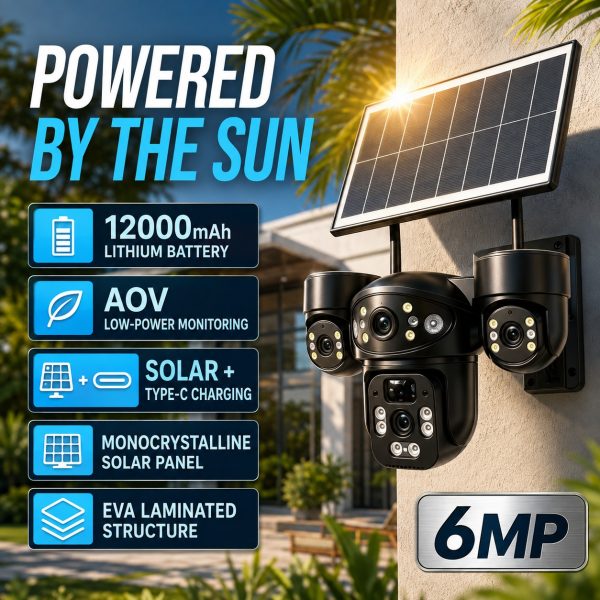 6MP Triple-Lens Solar Security Camera – Dedicated 4G LTE & 2.4GHz WiFi Version | AI Human Tracking, 30M Night Vision, IP65 Outdoor CCTV