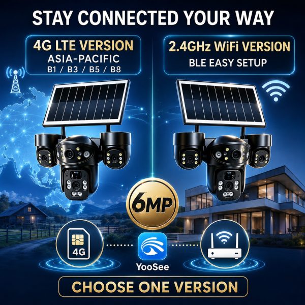 6MP Triple-Lens Solar Security Camera – Dedicated 4G LTE & 2.4GHz WiFi Version | AI Human Tracking, 30M Night Vision, IP65 Outdoor CCTV