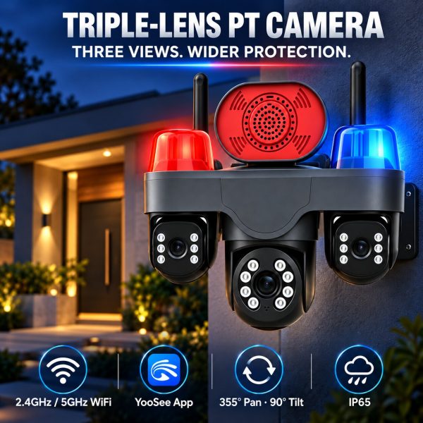 Triple-Lens PT WiFi Camera with Triple View and Large Speaker