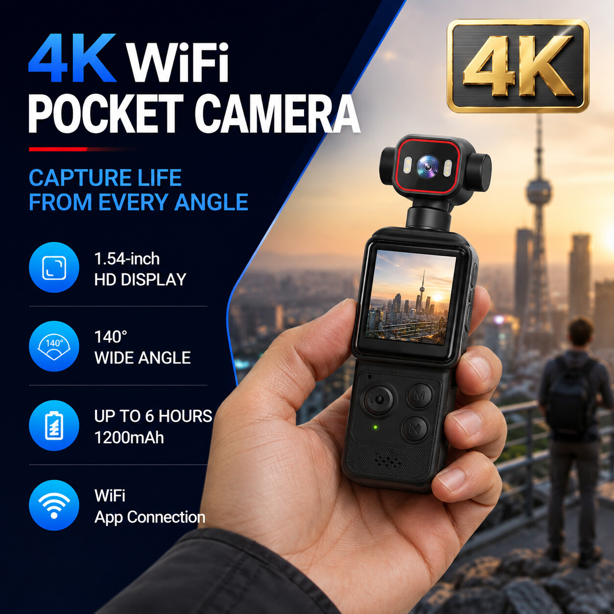 4K WiFi pocket camera with 1.54-inch screen