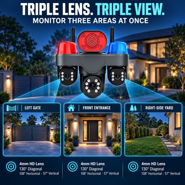 Triple-Lens PT WiFi Camera with Triple View and Large Speaker