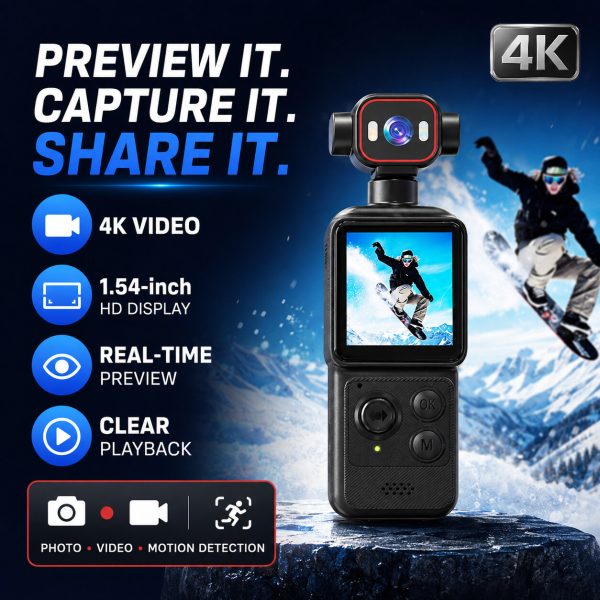 02_4K_Display_Preview Portable 4K WiFi pocket camera with a 1.54-inch screen, 140° wide-angle lens, smart tracking, 1200mAh battery and app file transfer.
