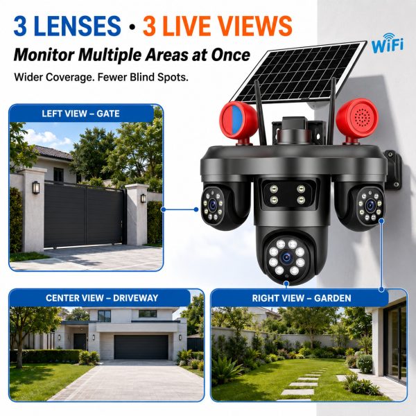 4K Solar Triple-Lens WiFi Security Camera with 3 Live Views