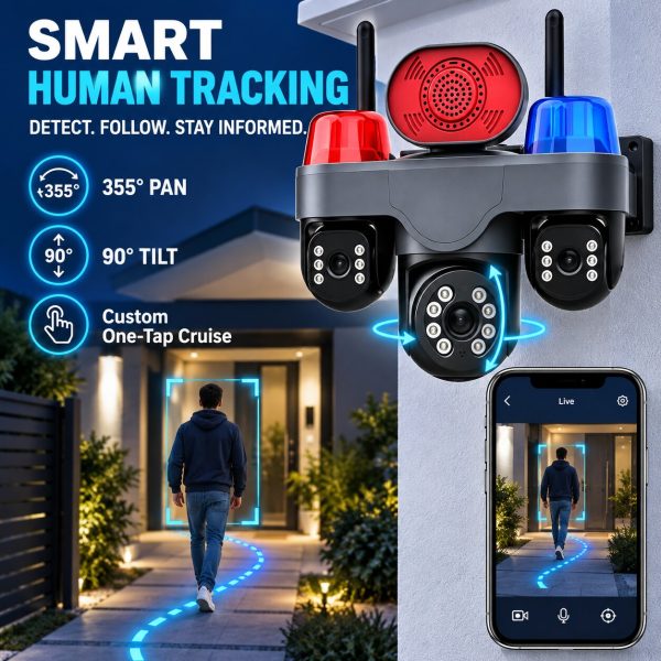 Triple-Lens PT WiFi Camera with Triple View and Large Speaker