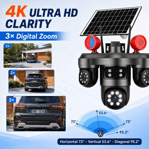 4K Solar Triple-Lens WiFi Security Camera with 3 Live Views