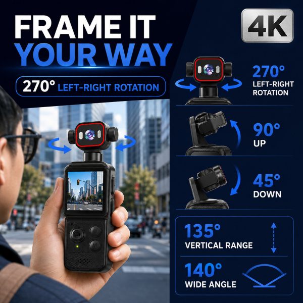 03_Rotating_Wide_Angle_Lens Portable 4K WiFi pocket camera with a 1.54-inch screen, 140° wide-angle lens, smart tracking, 1200mAh battery and app file transfer.