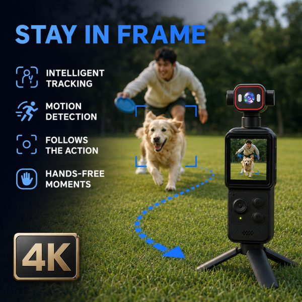 04_Intelligent_Tracking Portable 4K WiFi pocket camera with a 1.54-inch screen, 140° wide-angle lens, smart tracking, 1200mAh battery and app file transfer.