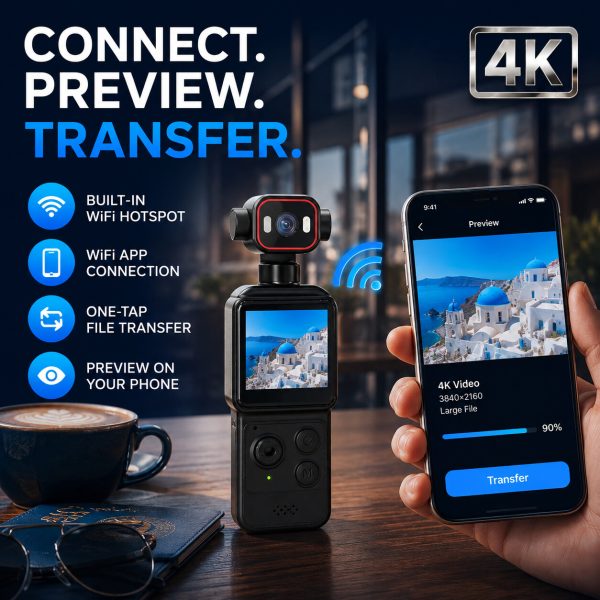 05_WiFi_App_Transfer Portable 4K WiFi pocket camera with a 1.54-inch screen, 140° wide-angle lens, smart tracking, 1200mAh battery and app file transfer.