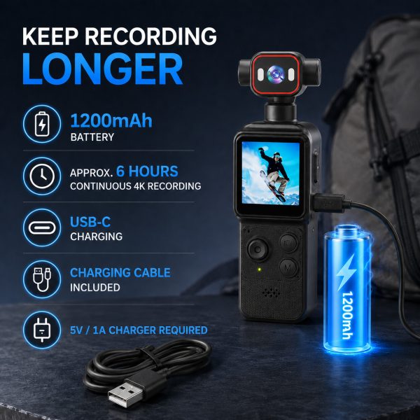 06_1200mAh_Battery_USB_C Portable 4K WiFi pocket camera with a 1.54-inch screen, 140° wide-angle lens, smart tracking, 1200mAh battery and app file transfer.