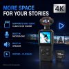 07_Storage_Audio_Playback Portable 4K WiFi pocket camera with a 1.54-inch screen, 140° wide-angle lens, smart tracking, 1200mAh battery and app file transfer.