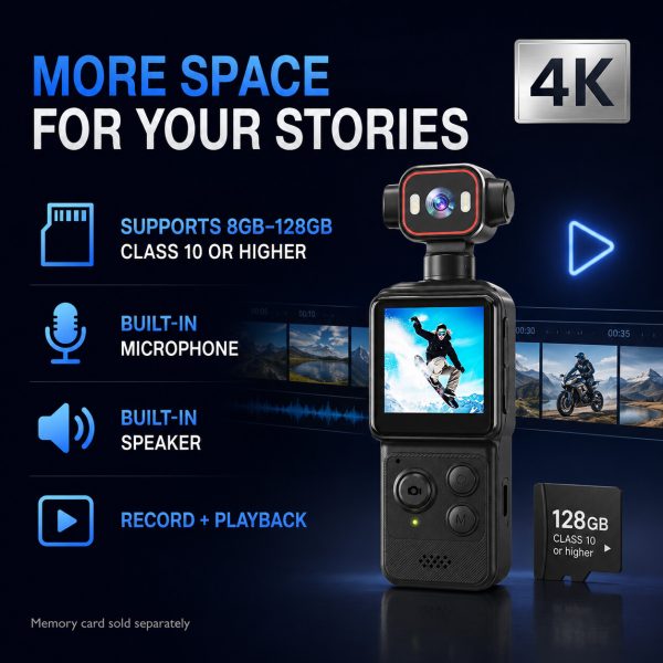 07_Storage_Audio_Playback Portable 4K WiFi pocket camera with a 1.54-inch screen, 140° wide-angle lens, smart tracking, 1200mAh battery and app file transfer.
