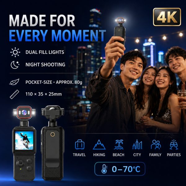 08_Use_Cases_Night_Shooting Portable 4K WiFi pocket camera with a 1.54-inch screen, 140° wide-angle lens, smart tracking, 1200mAh battery and app file transfer.